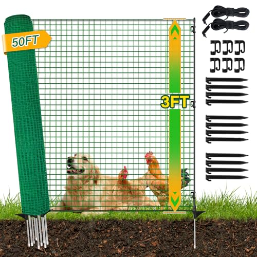 3x50 FT Temporary Fence for Backyard,Garden Fence with 9 Fiberglass Post | Windbreak Rope,Ground Peg,Plastic Garden Fence,Safety Barrier Fence Roll for Backyard Outdoor Animal Protect - size: 3x50FT