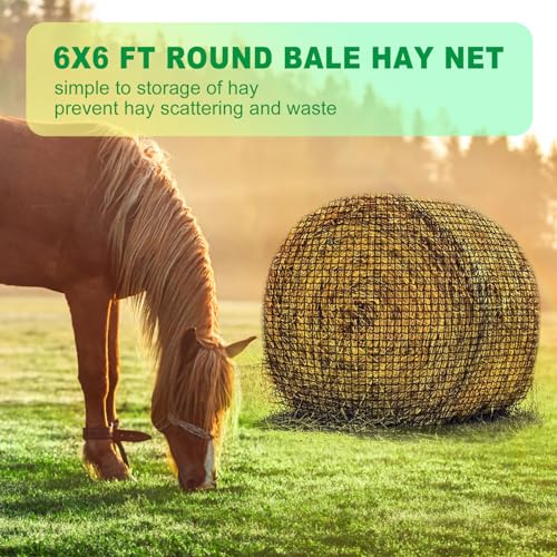 TONGMO 6x6 ft Round Bale Hay Net for Horses & Livestock - Slow Feeder Hay Nets with 2 inches Hole - size: 6×6 ft