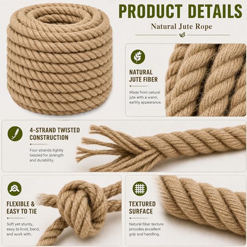 Twisted Manila Natural Jute Rope (1 Inch x 200 Feet) Thick Hemp Rope for Crafts, Nautical, Railings, Hammock, Decorating - size: 1 Inch x 200 Feet