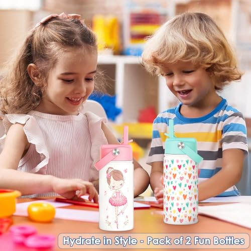 SANDJEST Kid Water Bottle 12oz with Straw Lid - 2-Pack Insulated Stainless Steel Water Bottles for Kids Girls - Travel Cup for Back to School Sports Christmas Birthday (Ballerina & Heart) - color: Heart + Ballet