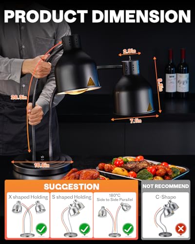 Food Heat Lamp with 3 Bulbs, 500W Rapid and Steady Heating, Painted Black | Catering Food Warmer Lamp, Commercial Heat Lamp for Food, Electric Food Warming Lamp for Buffet & Parties - color: Painted Black