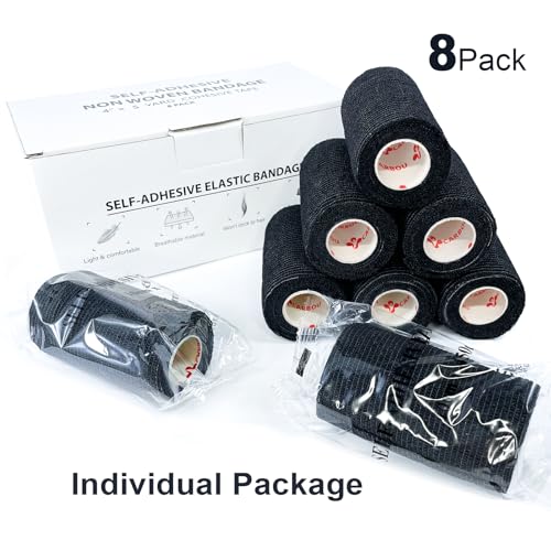 Carbou Self Adhesive Bandage Wrap 4" x 5yd 8ct Vet & Athletic Black | Vet Wrap Elastic Cohesive Bandage Self Adherant Non-Woven Wrap for Wrist, Ankle, Hand,First Aid Medical Stretch Wrap - color: Black, size: 8 Count (Pack of 1)
