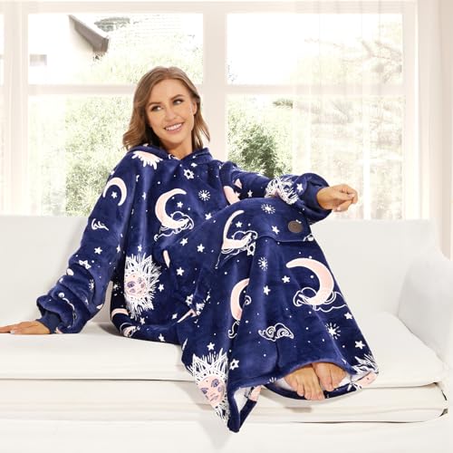 THREE POODLE Wearable Blanket Hoodie, Glow in The Dark Oversized Hoodie Blanket, Sherpa Hooded Blanket Sweatshirt for Adults Women Men Kids, Cozy Gifts - color: Luminous Blue Star, size: Adult-Extra Long