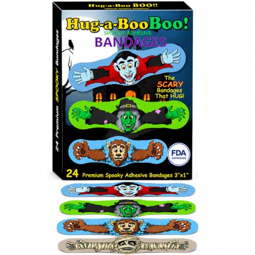 Fun Monsters Adhesive Bandages from Hug-a-Booboo! Spooky Halloween Bandages That Hug! Favorite Scary Monster Characters - Vampire, Witch, Wolfman and Mummy with Hugging Arms! Fun as Stickers 24 Ct Box - size: 24ct, style: Spooky Monsters