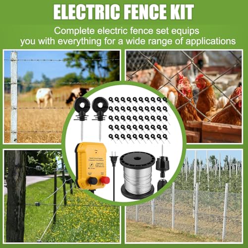 Electric Fence Charger Kit 0.15J 2 Mile 50 Insulators 250ft Wire | 110VAC Plug in Energizer, Aluminum Wire for Poultry Pets, Socket Tool, Garden Pond Protection, AC Powered Outdoor Containment - style: 0.15 Joule
