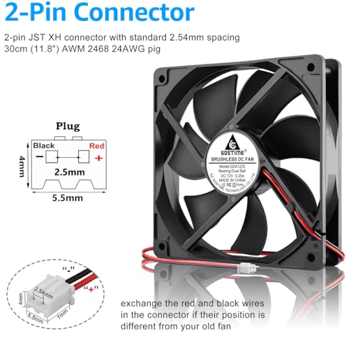 GDSTIME 120mm 12V Computer Fan 2 Pin Dual Ball Bearing DC Cooling, 2-Pack | 2500 RPM, 120x120x25mm, PC Case Cooler, High Speed, Replacement for Ice Maker, Rv Fridge, Power Supply, 1225, 5 Inch 12 Volt - size: 120x25mm