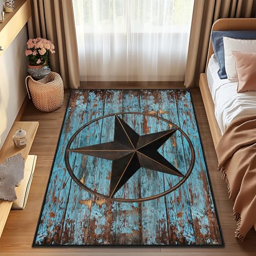 Western Area Rug 4x6,Rustic Barn Texas Star on Old Wooden Plank,Teal Carpets for Living Room,Ultra-Thin Washable Throw Rugs Indoor Non Slip Accent Floor Mats for Bedroom,Dining Room,Laundry Room - size: 4'x6'