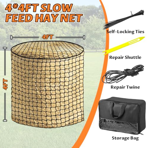YedsIntu 4x4 ft Round Bale Hay Net for Horses, Slow Feeder Hay Nets with 1.5 inches Holes, Knotless Hay Feeder Bag for Goats Cattle Sheep Livestock - size: 4x4 ft