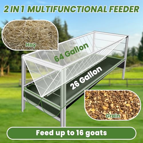 Pasture Feeder 90 Gallon Goat Hay Feeder, Rubber Tray with Stainless Steel Frame Hay Rack with 25'' Wide Tray for Goats, Sheep, Horses, Lamb, Ease of Assembly, Rust-Proof, Silver - style: Rubber Tray with Stainless Frame
