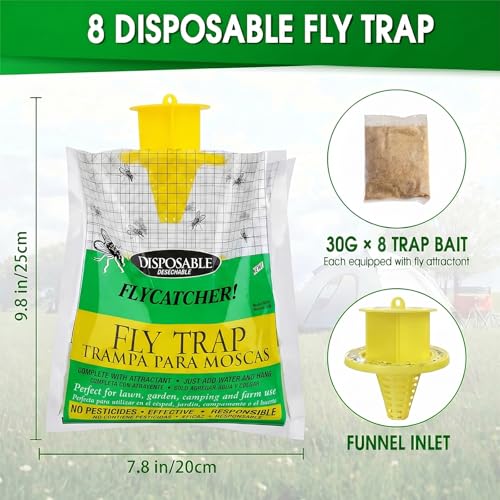 Fly Trap Bags 8 Pack Outdoor Hanging - Disposable Fly Catcher Mess-Free Bug Bags for Yard Garden Farm & Horse Ranch