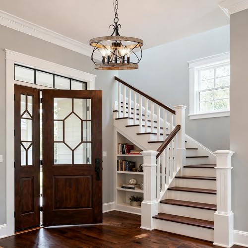 15.7" Farmhouse Chandelier for Dining Room, 5-Light Wood Drum | Rustic Chandelier Dining Room Light Fixture French Country Industrial Pendant Lamp for Living Room Kitchen Island Entryway - color: 15.7" Wood Drum