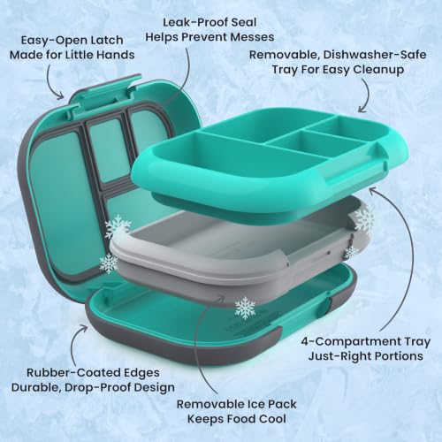 Bentgo Chill Kids 4-Compartment Bento Box Leakproof Lunch Box | Built-In Ice Pack, 3.3 Cup Capacity, BPA-Free, Microwave & Dishwasher Safe Tray, Ideal for Ages 3–7 (Electric Aqua) - color: Electric Aqua