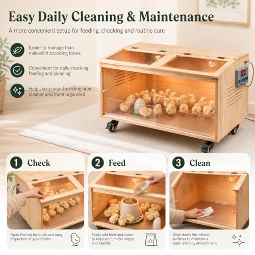 Wooden Chicken Brooder, Pine Wood Chick Brooder for Chicks with Thermostat with Heat Lamps, Thermostat & Locking Casters, Indoor Chick Brooder Box for Quail，Hamster and Small Animal (40x20x20 in)
