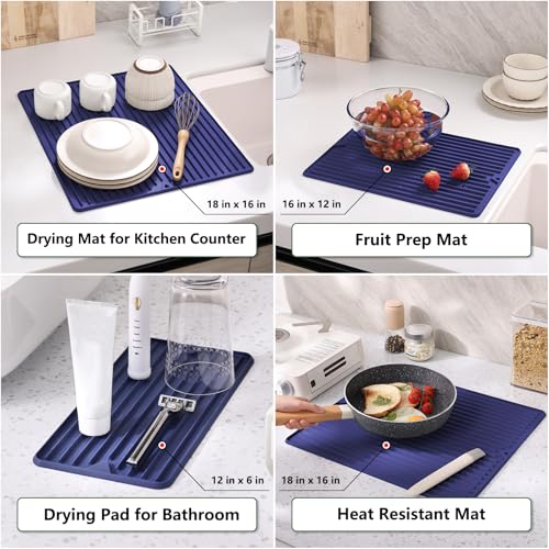 Mini Silicone Dish Drying Mat, Flexible & Thick, 6" x 12", Blue | For Kitchen Counter and Bathroom, Heat Resistant, Countertop Protector, Non-Slip, For Coffee Cup/Bottle/Glassware - size: 6" x 12"