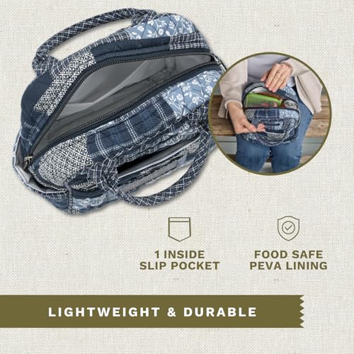 Bella Taylor Lunch Tote, Quilted Lunch Bag, Heritage Blue Patch | Lightweight quilted cotton lunch box, easy-to-clean PEVA lining, 3 outside/1 inside pocket, durable construction - color: Heritage Blue Patch