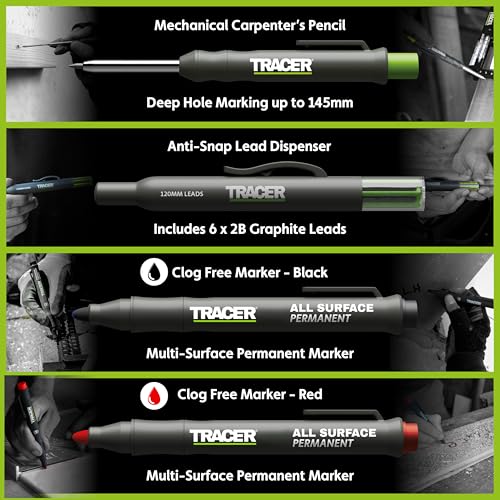 Tracer Marking Kit - Deep Hole Pencil, ALH1 Lead set and 2 Clog Free Markers with Holsters. Construction pencil & Marker set | Deep hole pencil with lead set, 2 clog-free markers in black and red, belt holsters included - style: 4pc Set