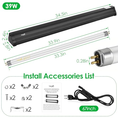 UVB Light for Reptiles Bearded Dragon, T5 UVB Reptile Light Fixture HO UVB Bulb Lighting Combo Kit 10.0 39W UVA UVB Reptile Light Bulb Terrarium Lamp Tube Bar for Snake Gecko Turtle Lizard, 34 Inch - size: T5-34Inch