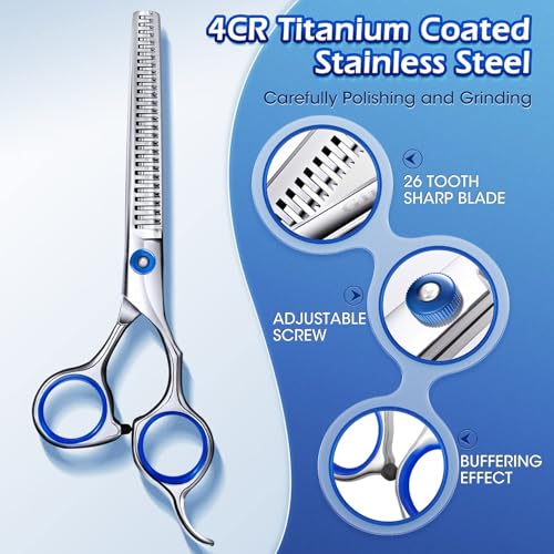 Gimars Professional 5 in 1 Grooming Scissors for Dogs 4CR with Safety Round Tip, Heavy Duty Titanium Coated Straight & Thinning & Curved Shears - style: Professional Blue 5 in 1
