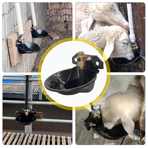 2PCS Automatic Goat Waterer Livestock Water Bowl with Copper Valve and Drain Hole, Automatic Drinking Trough for Goat Sheep Calf Pig Dog (Metal - Black)