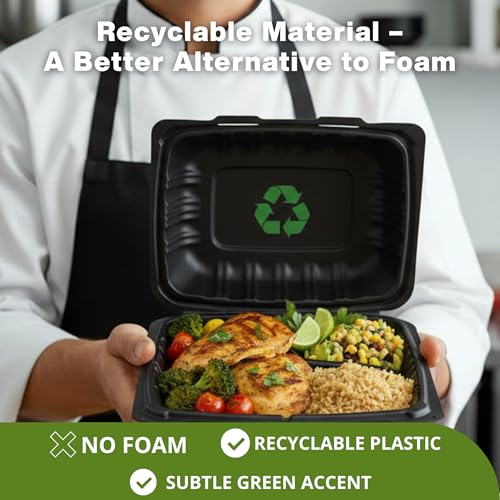 Front Lock MFPP Hinged Food Containers, 9" x 9" Black Vented Clamshell – 3 Compartment Disposable Takeout Boxes, Durable Microwaveable Containers for Restaurants & Food Service – 150 Pack - color: Black