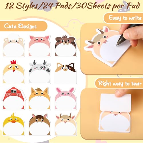 Yinder 24 Pads Farm Animal Sticky Notes, Kawaii Memo Self Adhesive | 12 Designs Cow Pig Duck Goat, Style for School Office, Back to School Party Gift Supplies, Bulk Cartoon Animals - style: Farm Animals