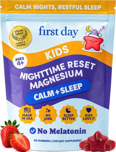 FIRST DAY Kids Magnesium Gummies, Citrate + L-Theanine, No Melatonin, 60 Ct | Strawberry citrate magnesium gummies for kids with Suntheanine® L-theanine; melatonin-free calm and bedtime support for kids - size: 60 Count (Pack of 1)