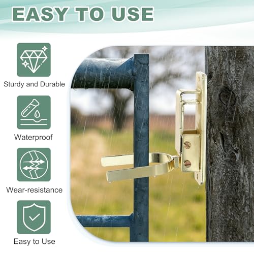 DTGN Instant Locking Gate Latch, Automatic Locking Gate Latch, Gold | W/Screws for Farm Ranch Fence, One-Hand Install on Wood Metal Pipe Fences