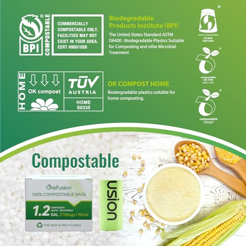 GreFusion Compostable Trash Bags, Small 2.6 Gallon, 270 Count, 0.72 Mils Thick, Eco Friendly, ASTM D6400 & BPI Certified, Composts Food Scraps, No Leaks - color: 2.6G-270count