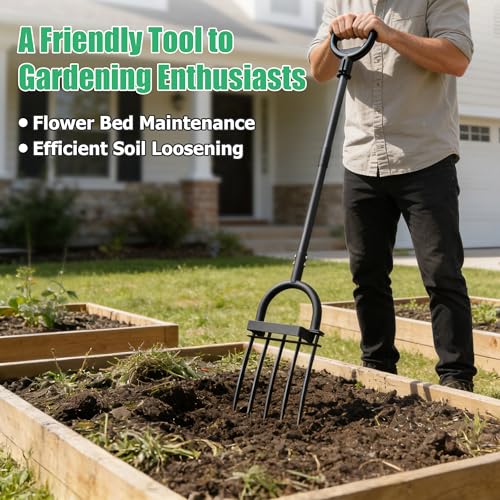 LLARGUEST Pitch Fork, 69" Heavy Duty Metal Garden Fork for Loosening Soil Broadfork with Ergonomic D-Grip Handle, 5-Tine Digging Fork Hay Fork for Compost,Mulching,Manure.