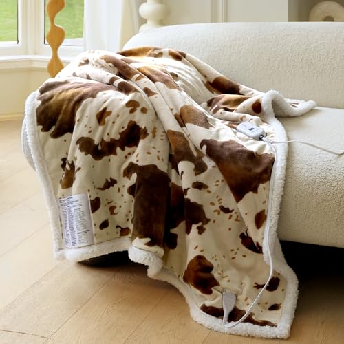 Heated Blanket Throw Blanket - Fast Heating Electric Blanket, Soft Heated Throw with 4 Time Settings,10 Heating Settings, Warm Gifts for Women Mom Grandma(50" x 60" Cow Print Apricot) - color: 05 - Apricot Ombre-khaki, size: Throw 50" x 60"