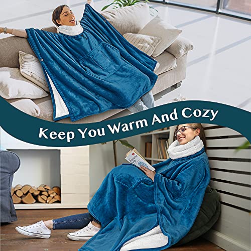 PAVILIA Wearable Blanket Poncho Women Men, Oversized Hoodie Sweatshirt Sweater Neck Warmer, Fleece Soft Hug Sleep Pod Adult - color: Teal Blue, size: Fleece