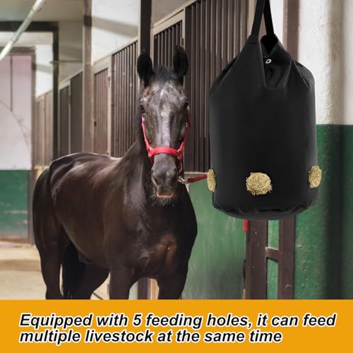 2 Pcs Hay Bags for Horses Slow Feed 1680D Oxford Net,5 Holes | Large Holder for Horses Goats Sheep, Net Feed Holes Reduce Waste, Hanging Strap Included, Stable Barn Farm Outdoor Use
