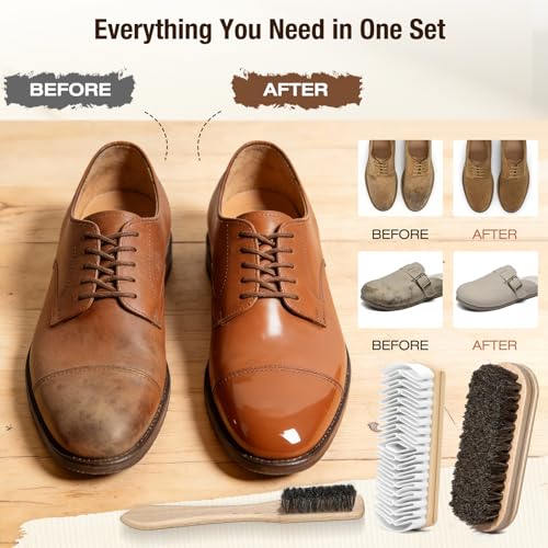 3Pcs Shoe Shine Kit, 2Pcs Horsehair Shoe Brush and a Suede Eraser | Horse Hair Brush for Leather, Suede Brush for Shoes, Shoe Care Set Cleans and Polishes Leather, Suede and Boots - size: 3PCS