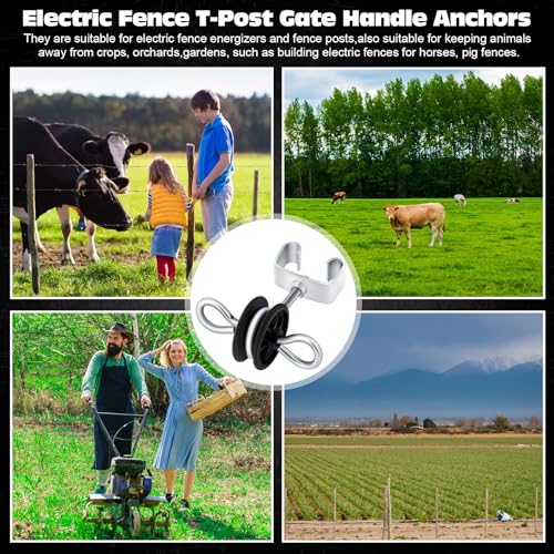 Gisafai 12 Pcs Electric Fence Gate Handles T Post Gate Handle Anchors Double Hook 2 Rings Steel Insulators with Easy Screws for Wire Electric Fence Wood Post Agricultural and Ranchers, Black