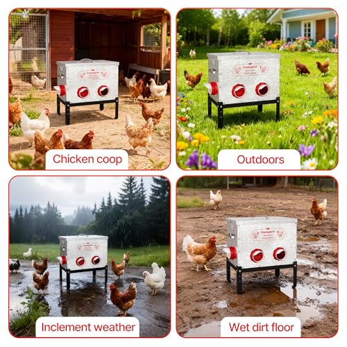 Automatic Chicken Feeder 40LB - 6 Gravity-Fed Chicken Feeders Reduce Waste, Adjustable Legs & Secure Lid, Heavy-Duty Galvanized Steel for Coops (Bright Silver) - color: Bright Silver