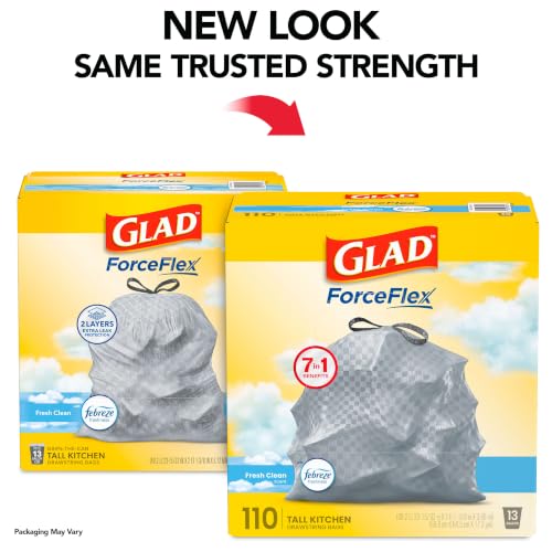 Glad Tall Kitchen Drawstring Trash Bags - Odorshield 13 Gallon White Trash Bag, Febreze Fresh Clean, 110 Count | Febreze Freshness, Rip and Tear Resistant, Fresh Clean Scented Garbage Bags, Household Essentials - size: 110 Count (Pack of 1)