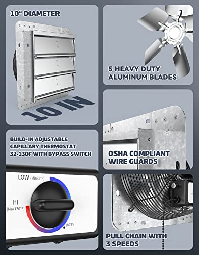 iLiving ILG8SF10V-T, 10 inch Shutter Exhaust Attic Garage Grow, Ventilation Fan with 3 Speed Thermostat 6 Foot Long 3 Plugs Cord, 10" - Variable, 600 CFM, 900 SQF Coverage Area, Silver - size: 10 Inches