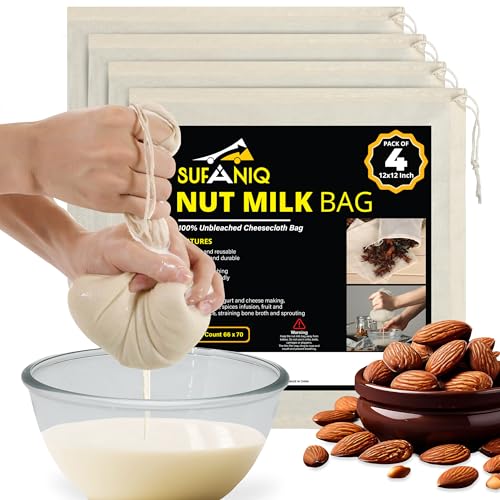 Nut Milk Bag - 4 Bags (12 x 12 Inch) 100% Unbleached Cotton Cheese Cloth Bag for Straining, Premium Nut Milk Bag Reusable, Nut Bag Strainer for Almond, Soy, Oat Milk, Juices, Cheese Making - size: 12x12 / 4 pieces