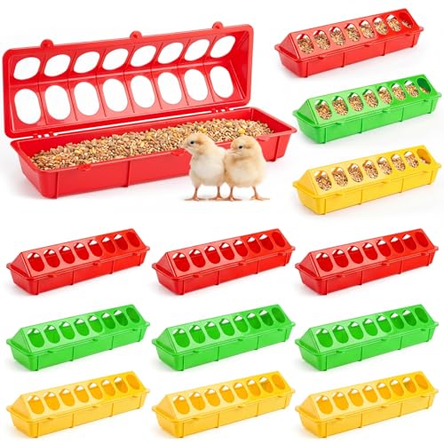 Didaey 12 Pieces Quail Feeders and Waterers Plastic Flip Top Chick Feeder No Waste Trough Dish Dispenser for Baby Chick Bird Pigeon Small Poultry Brooder Ducks, 3 Colors
