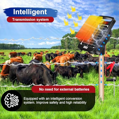 10 Miles Solar Powered Electric Fence Charger, 0.18J Portable for Livestock | 24/7 Day/Night Mode, Portable Solar Panel/AC Dual Power,10200V Output,Weatherproof, Easy Setup, Deters predators for Gardens - size: 10M 0.18J