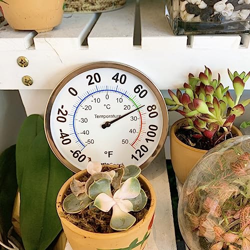 5” Indoor Outdoor Thermometer - Analog Thermometer gauges for Temperature Updated, Round Dial Metal Wall Thermometers Large Numbers for Home, Patio, Room, Greenhouse, Garage, Decorative