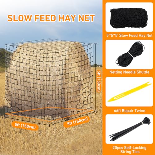 Large Round Bale Hay Net for Horses&Goats-Knotless Slow Feeder Hay | Net with 1.57 Inch Holes, Thick Nylon Mesh for Healthier Feeding of Livestock (5x5ft)