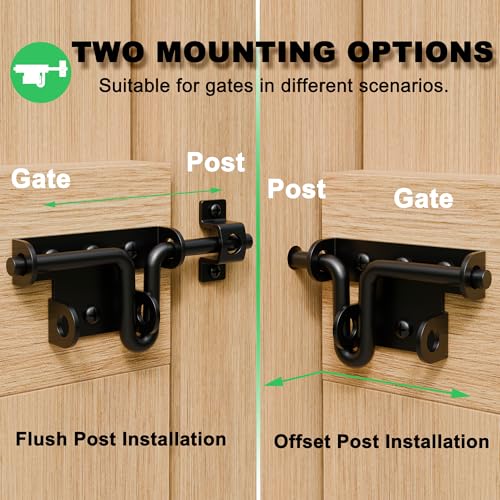 Heavy Duty Slide Bolt Gate Latch for Wooden Fence, 2 Way Barn Door Latch with Padlock Hole, Offset and Flush Mounted Gate Latch for Outdoor Gates/Yard Fence/Shed Door, Black, 3 Pack