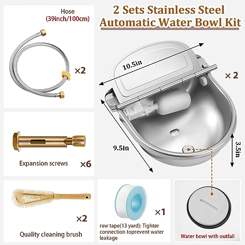 Tessco 2 Sets 4L/135oz Automatic Animal Drinking Water Trough Bowl with Float Valve Waterer Kit Livestock for Dog Horse with Pipe Connector Countersunk Bolt(Normal Style,Stainless Steel)