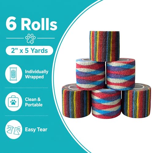 Dog Bandage Wrap, 6 Rolls 2" x 5 yd Stripe Print Pet Tape | Dog wrap bandage for paw & leg care, minor wounds, hotspots, broken nails, gauze pads & licking protection - color: RA-6ROLL-2IN