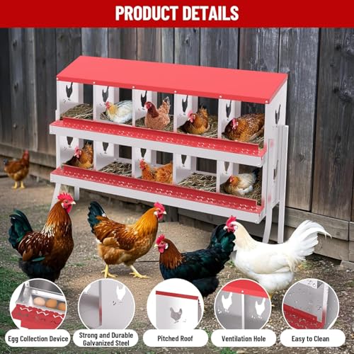 Chicken Nesting Box, 10-Hole Nesting Boxes with Bracket Legs, Removable Tray, Ventilation Holes, Easy Egg Collection & Cleaning, Laying Boxes for Hens, Red - color: Red, size: 53.5"L x 16.9"W x 26.6"H