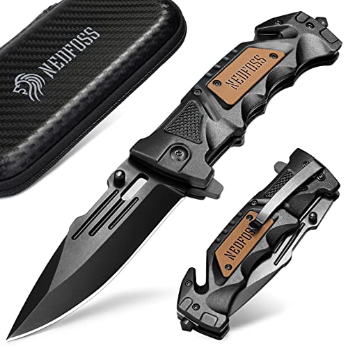 NedFoss Pocket Folding Knife DA75, 3 in 1 Pocket Knife Gifts for Men Women | Survival Knife with Liner-Lock Belt Clip, Seat Belt Cutter, Glass Breaker, Hunting knife for Camping Hiking - color: Black-Standard Edge