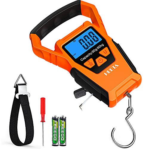 HEETA Waterproof Fish Scale Digital Hanging Fishing Luggage Weight Scale | Up 110lb/50kg Portable Scale with Backlit LCD Display, for Home & Outdoor, Measuring Tape and 2 AAA Batteries Included - color: Orange