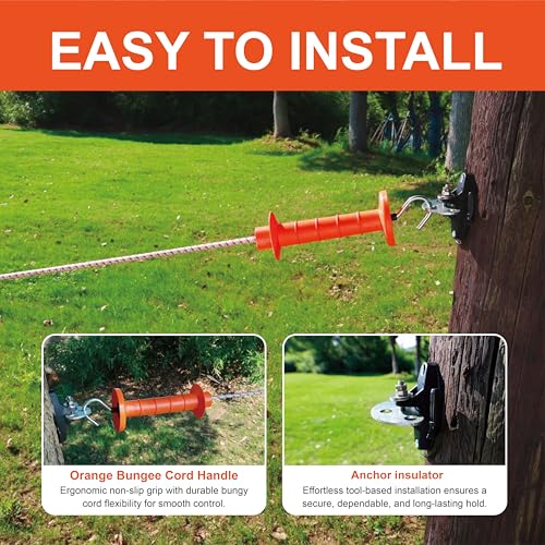 3 Pack Electric Fence Bungy Gate Kit - Expands 13ft to 23ft Heavy Duty Bungee Rope Gate for Livestock and Horses | Includes Insulated Handle, Pinlock 3-Way Insulator & Anchor for Farm Pasture Fence