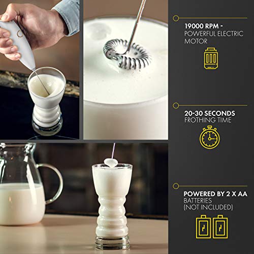 Milk Frother White - Coffee Frother Handheld with Electric Whisk - 19000 rpm - Book Recipes and Stainless Steel Stand Included - Hand Mixer Electric (White and Gold) | Battery 19000 RPM whisk, stainless steel stand & recipe book, lattes, cappuccino, match